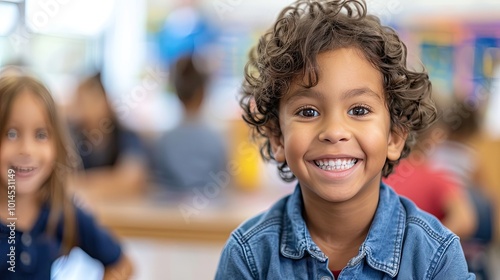 Smiling Young Boy in Classroom.