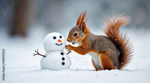 Adorable Squirrel Building Miniature Snowman in Winter Wonderland with Snowy Background photo