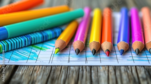 Close up of colorful pencils on a sheet of paper with a blue grid. photo