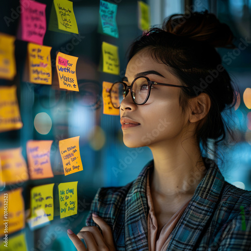 Woman Organizing Tasks on Sticky Notes, Creative Project Planning