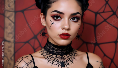 Young Woman with Spider Makeup and Web-Inspired Choker, Halloween Costume Portrait photo