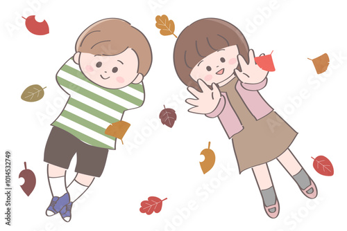 落ち葉に寝転ぶ子どもたちのイラスト