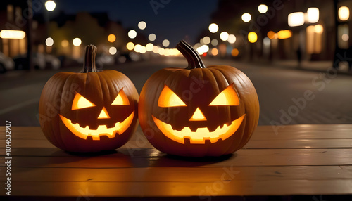 Pair of Glowing Jack-o'-Lanterns on a Table at Night in a City Street, Halloween Holiday Mood
 photo