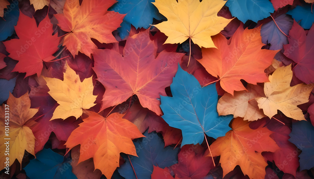 Autumn Foliage in Vibrant Red, Yellow, and Blue Tones, Seasonal Maple Leaves on the Ground Autumn Foliage in Vibrant Red, Yellow, and Blue Tones, Seasonal Maple Leaves on the Ground