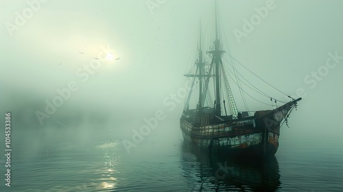 A Ship Sailing Through a Misty Sea