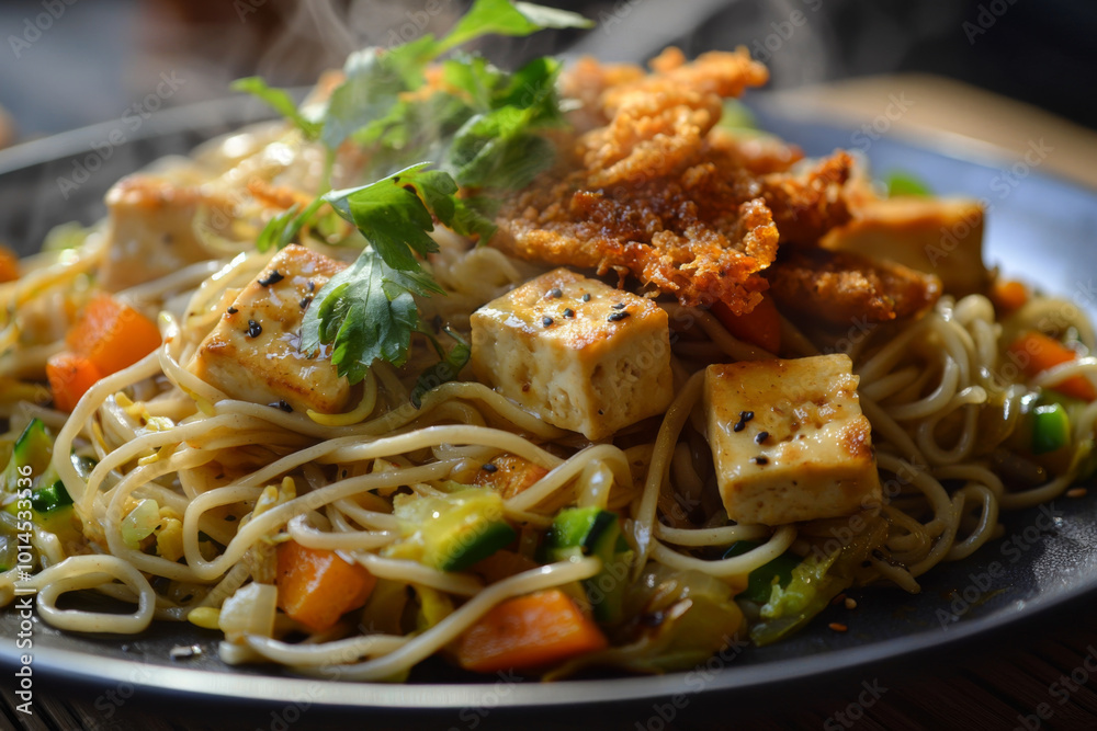 A steaming plate of noodle dish topped with crispy fried tofu and garnished with fresh herbs, showcasing delicious Asian cuisine. A steaming plate of noodle dish topped with crispy fried tofu and garnished with fresh herbs, showcasing delicious Asian cuisine.