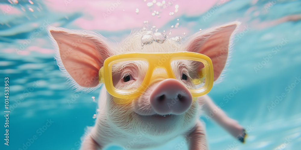 Underwater portrait of happy baby piglet with a yellow googles in pool Underwater portrait of happy baby piglet with a yellow googles in pool
