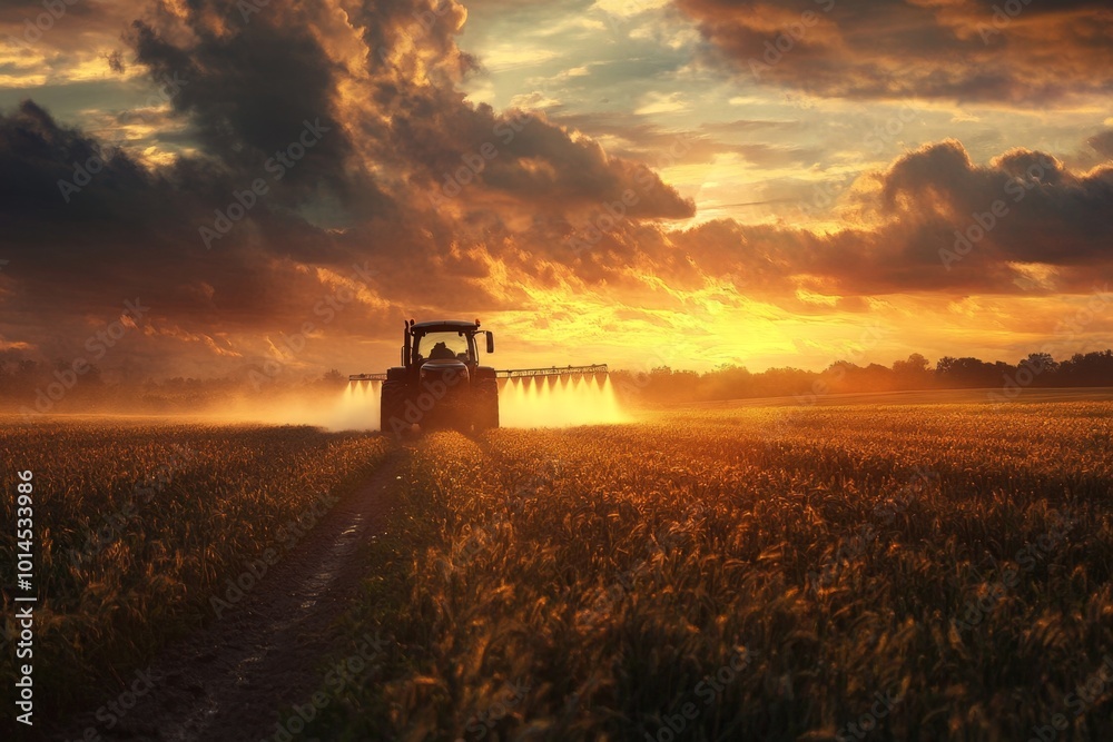 Fototapeta premium Farmer spraying wheat field with tractor at sunset