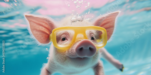 Underwater portrait of happy baby piglet with a yellow googles in pool