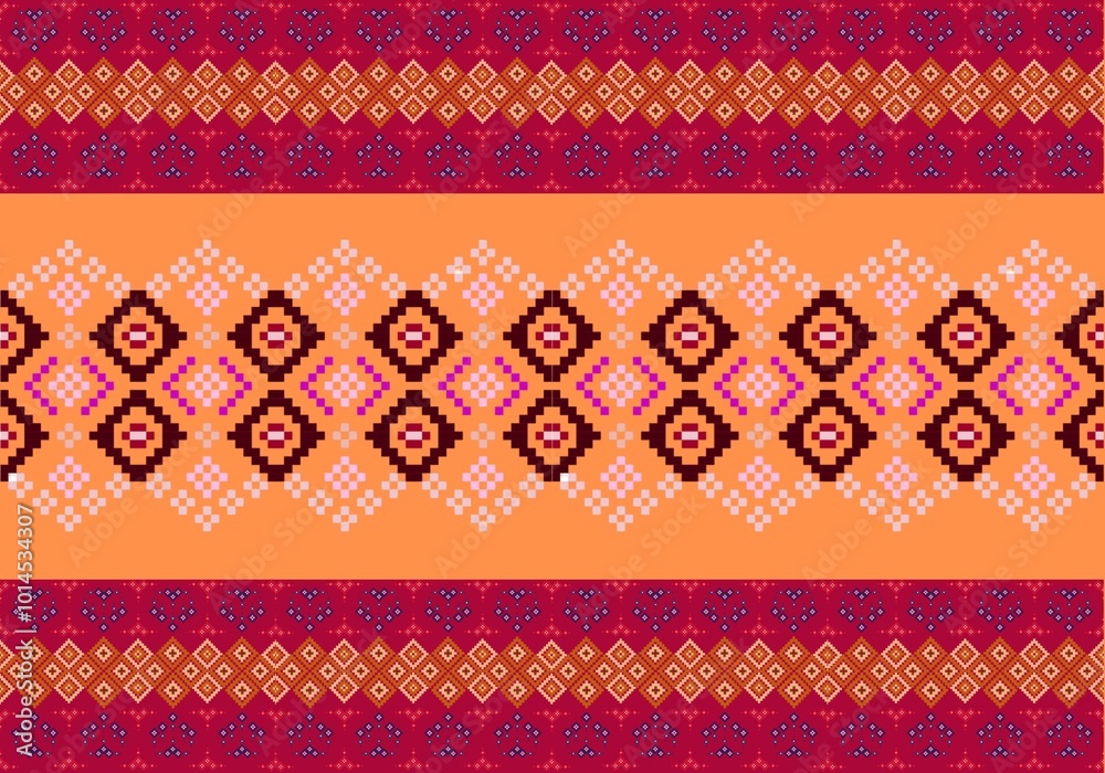 Desert Sunset Geometric Weave : The design features symmetrical rows of pixel-style motifs that evoke the feeling of traditional weaving, making it perfect for textiles, backgrounds, or wallpaper. Desert Sunset Geometric Weave : The design features symmetrical rows of pixel-style motifs that evoke the feeling of traditional weaving, making it perfect for textiles, backgrounds, or wallpaper.