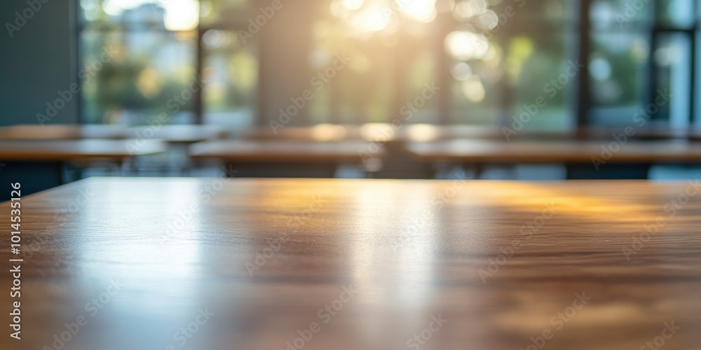 Close-up of a wooden table and the copy area in a hazy study area. Close-up of a wooden table and the copy area in a hazy study area.