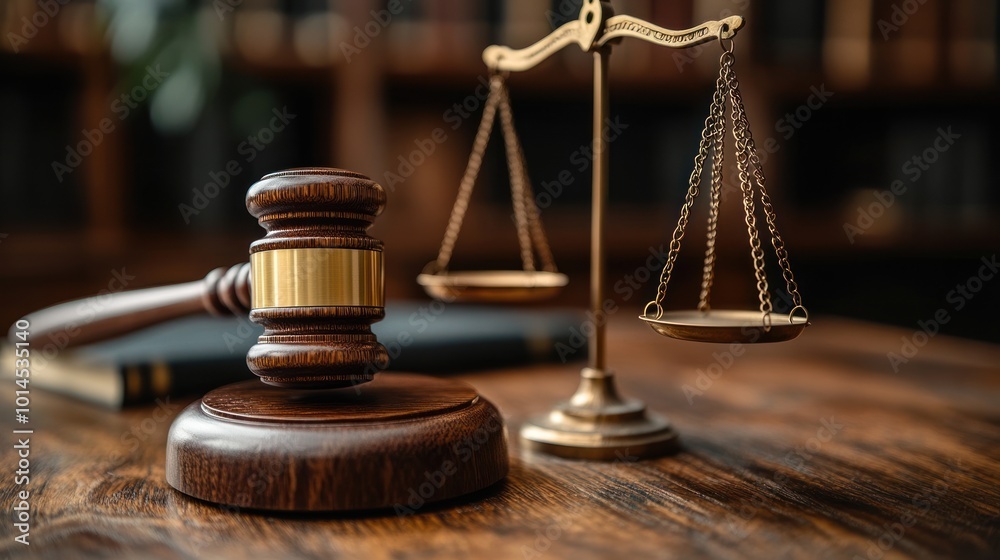 A wooden gavel and a brass scale of justice on a wooden table, with a closed book in the background. A wooden gavel and a brass scale of justice on a wooden table, with a closed book in the background.