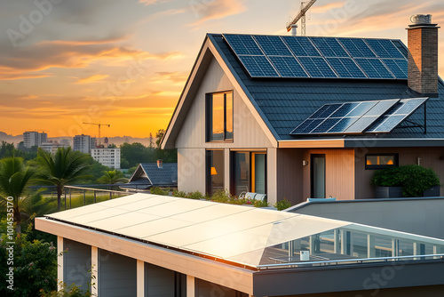 A modern house with solar panels on the roof, set against a vibrant sunset. The house features large windows and a sleek design, surrounded by greenery.