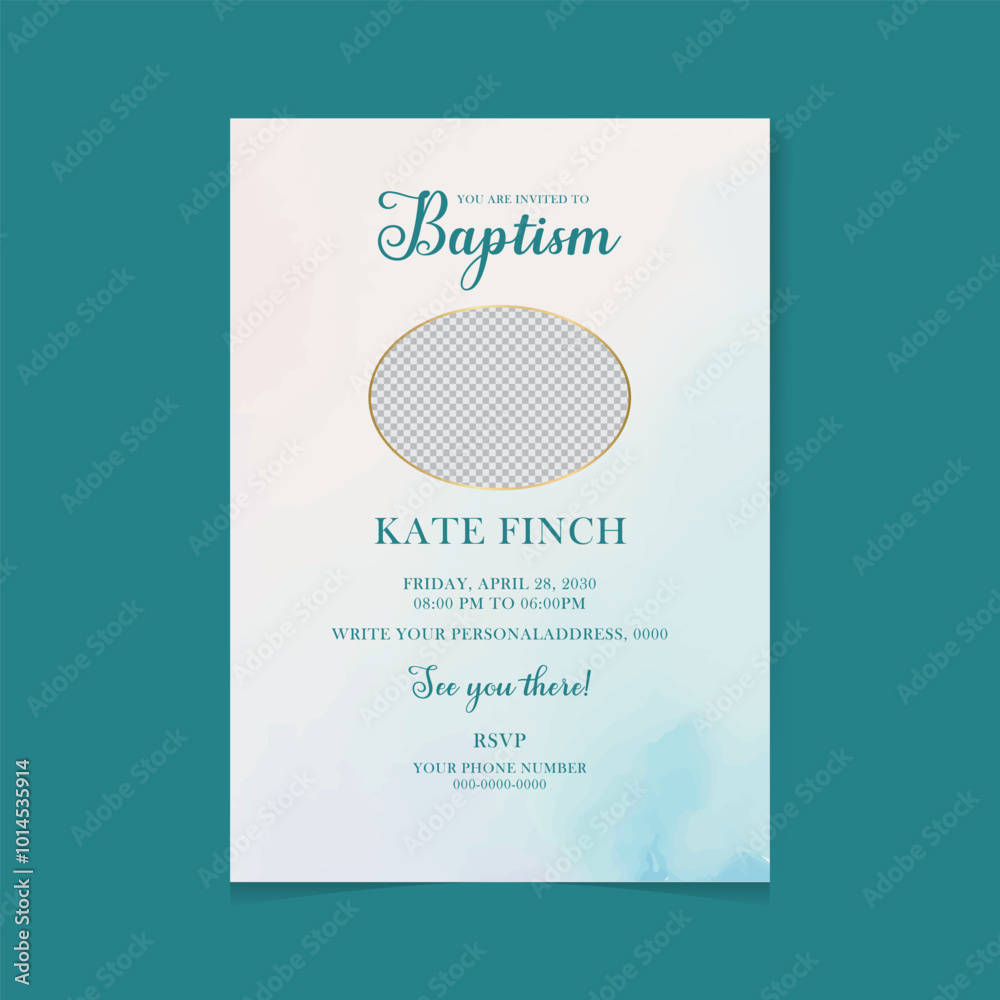 Fototapeta premium Baptism Invitation Card Blue editable Design, with flowers and cross