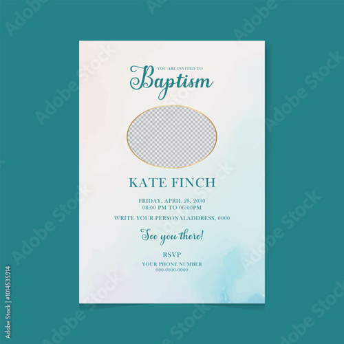 Baptism Invitation Card Blue editable Design, with flowers and cross