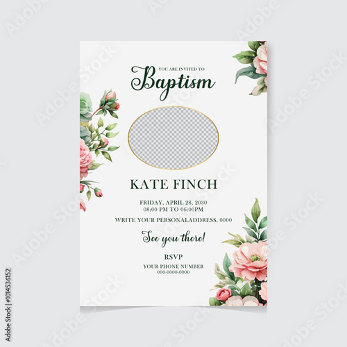 Baptism Invitation Card Blue editable Design, with flowers and cross