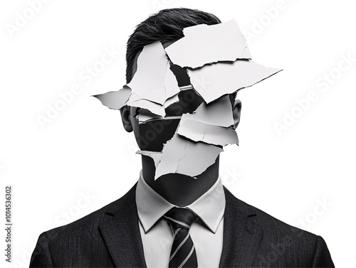 a man with torn paper over his face photo