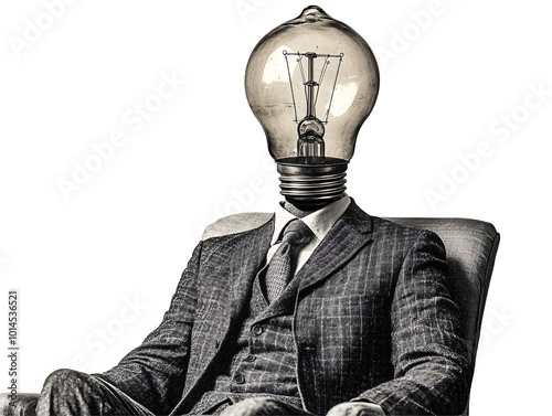 a man sitting in a chair with a light bulb head