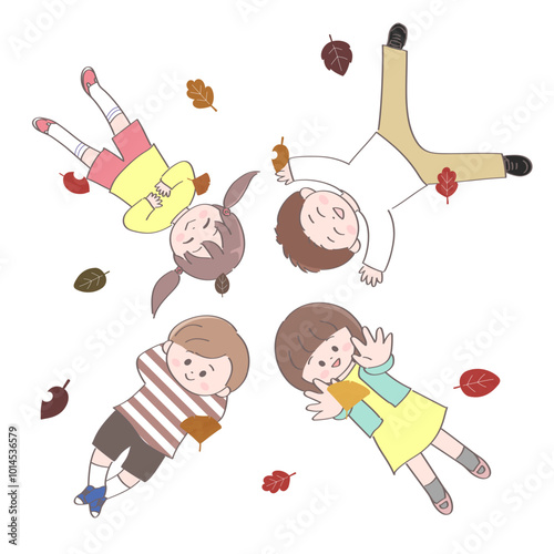 秋の子どもたちのイラスト　頭を寄せ合って寝転んでいる