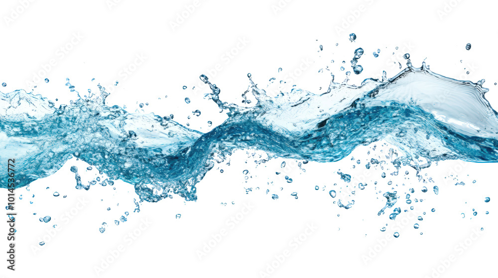 Dynamic Splash of Blue Water in Motion on White Background, Isolated Water Wave with Droplets, Perfect for Purity, Freshness, and Nature Concepts in Advertising Dynamic Splash of Blue Water in Motion on White Background, Isolated Water Wave with Droplets, Perfect for Purity, Freshness, and Nature Concepts in Advertising