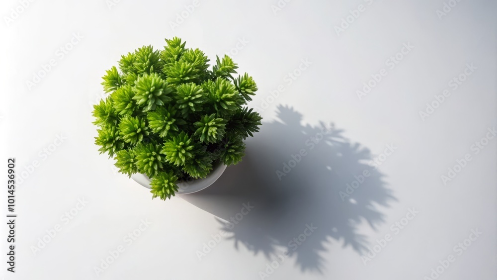 Fototapeta premium Captivating overhead shot of a vibrant green plant on a clean white background, ideal for minimalist and