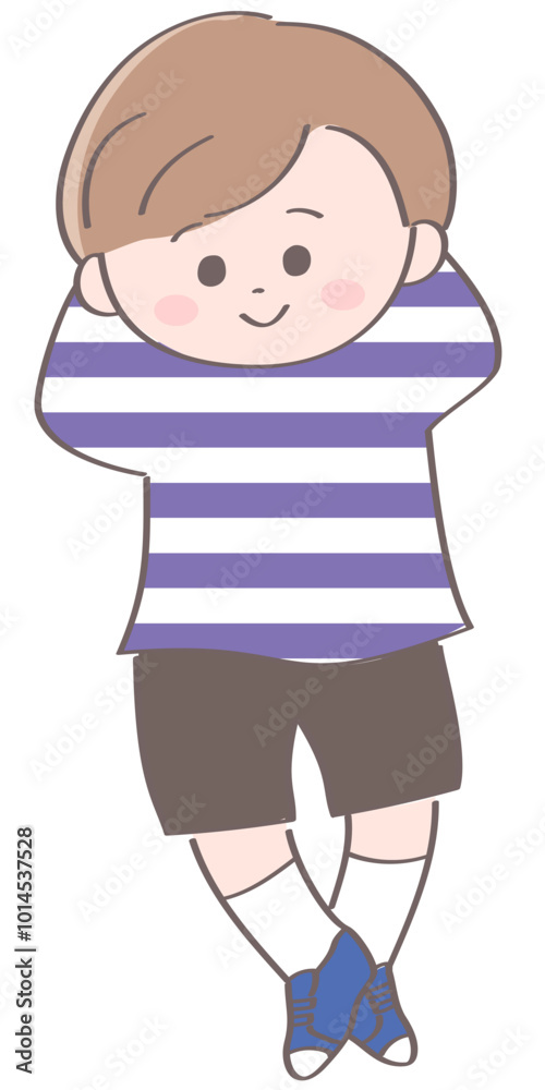 Fototapeta premium 頭の後ろに手を当てている小さい男の子のイラスト