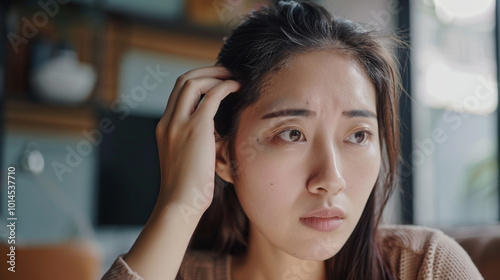 Concerned asian woman examines scalp for hair loss