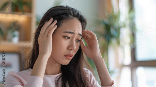 Concerned asian woman examines scalp for hair loss