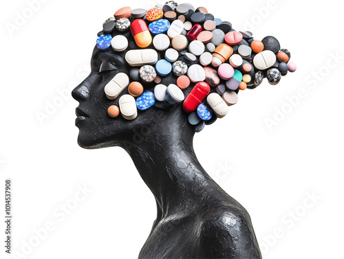 a statue of a woman with pills on her head photo