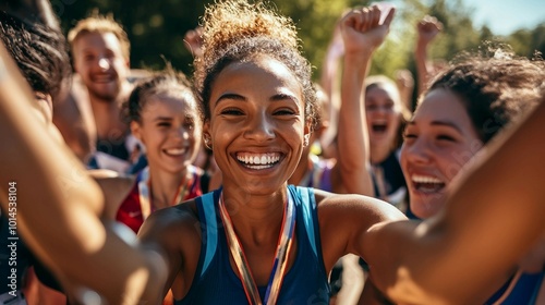 Happy Female Runner Celebrating Victory with Teammates