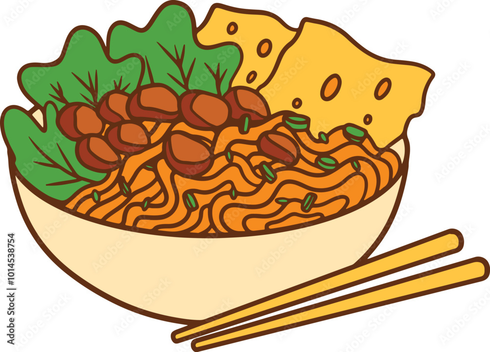 indonesian chicken noodle illustration with meat greens and cracker in white bowl suitable for street food promotion indonesian chicken noodle illustration with meat greens and cracker in white bowl suitable for street food promotion