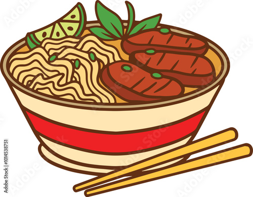 beef pho noodle illustration with meat, greens and lime in white bowl suitable for street food promotion