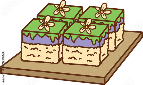 kuih seri muka illustration with coconut and pandan flavour in square plate suitable for street food promotion