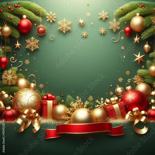 christmas green background with christmas balls and holly