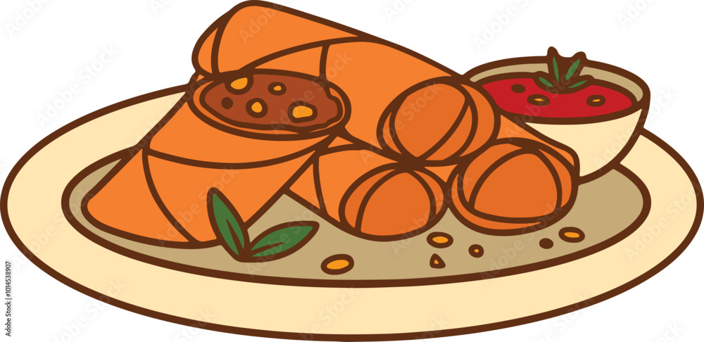 lumpia illustration with spicy red sauce in white plate suitable for street food promotion lumpia illustration with spicy red sauce in white plate suitable for street food promotion