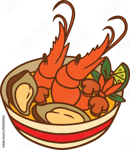 tom yum illustration with big fried shrimp mushroom and clam in white red bowl suitable for street food promotion