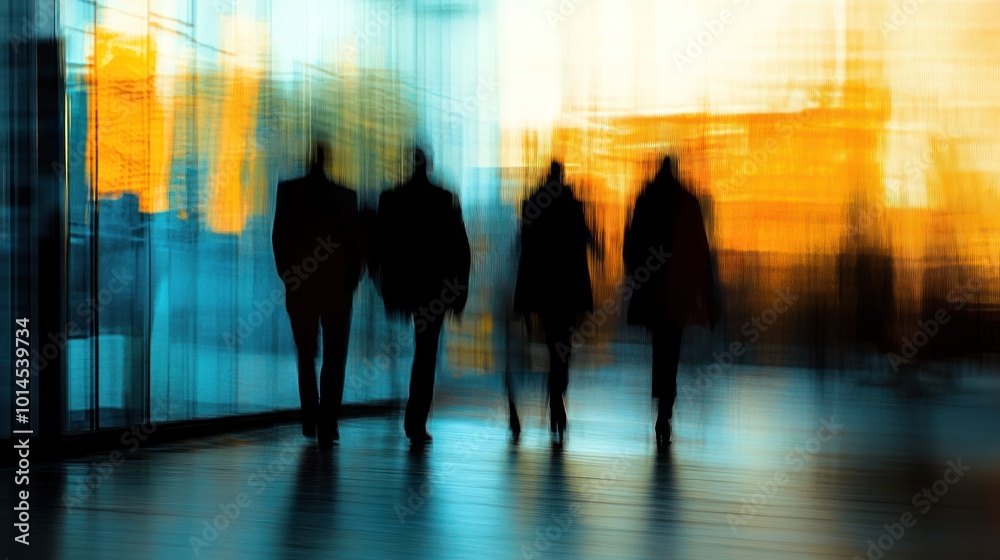 Abstract silhouette of people walking in a modern, blurred urban environment.