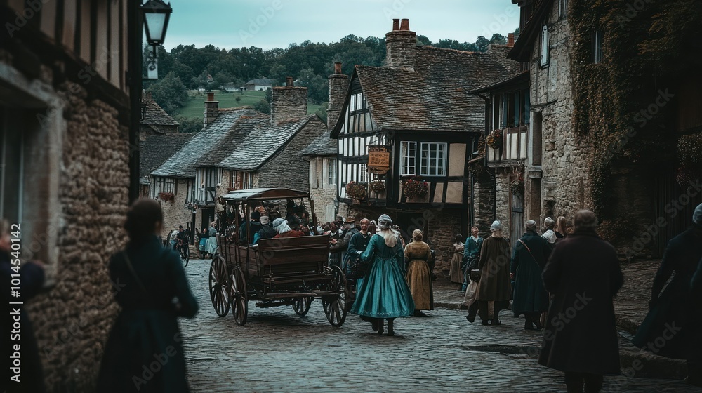 A Horse-Drawn Carriage Passing Through a Medieval Village Street A Horse-Drawn Carriage Passing Through a Medieval Village Street