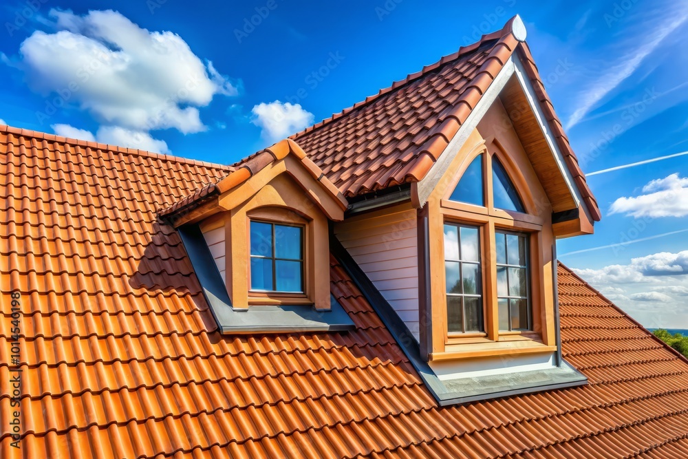 Charming house features a beautiful tile roof and an attic window, all under a breathtaking blue sky, perfect Charming house features a beautiful tile roof and an attic window, all under a breathtaking blue sky, perfect
