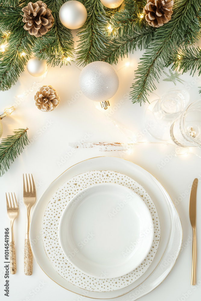 A festive Christmas table setting with elegant white plates, gold cutlery, and wintery decorations. Perfect for holiday cards, A festive Christmas table setting with elegant white plates, gold cutlery, and wintery decorations. Perfect for holiday cards,