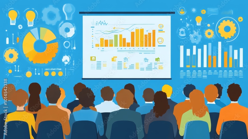 Obraz premium Business Presentation with Audience and Data Visualization