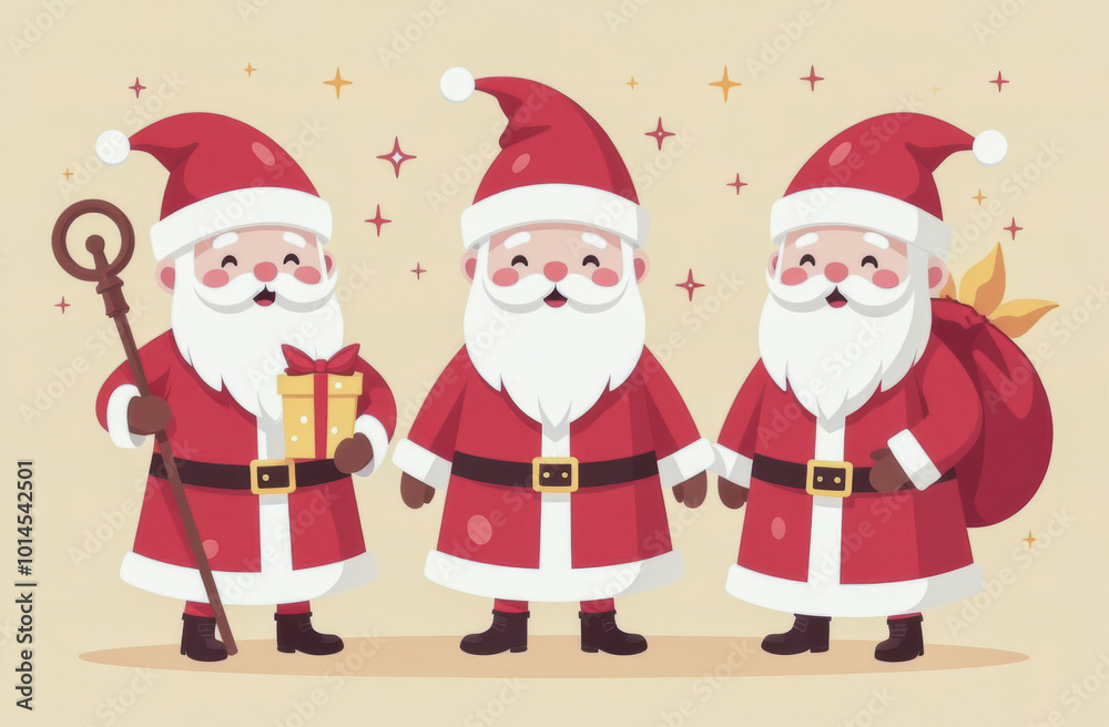 Cheerful St Nicholas Figures Holding Gifts and Saint's Staff, Celebrating Sinterklaas Holiday with Joyful Expressions, Christmas Tradition Concept Cheerful St Nicholas Figures Holding Gifts and Saint's Staff, Celebrating Sinterklaas Holiday with Joyful Expressions, Christmas Tradition Concept