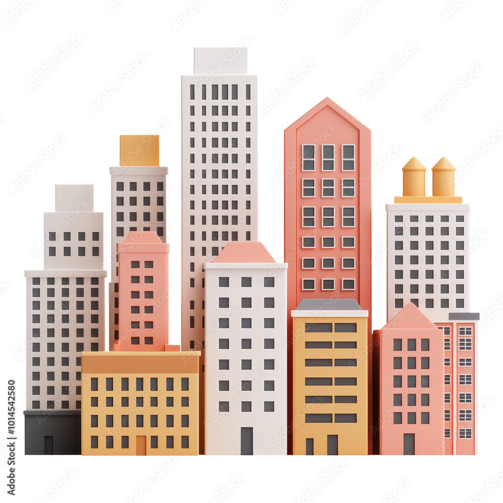 Colorful 3D cityscape illustration featuring diverse high rise buildings of various shapes and designs. Showcase a vibrant and artistic urban environment. Isolated on transparent background, png. Colorful 3D cityscape illustration featuring diverse high rise buildings of various shapes and designs. Showcase a vibrant and artistic urban environment. Isolated on transparent background, png.