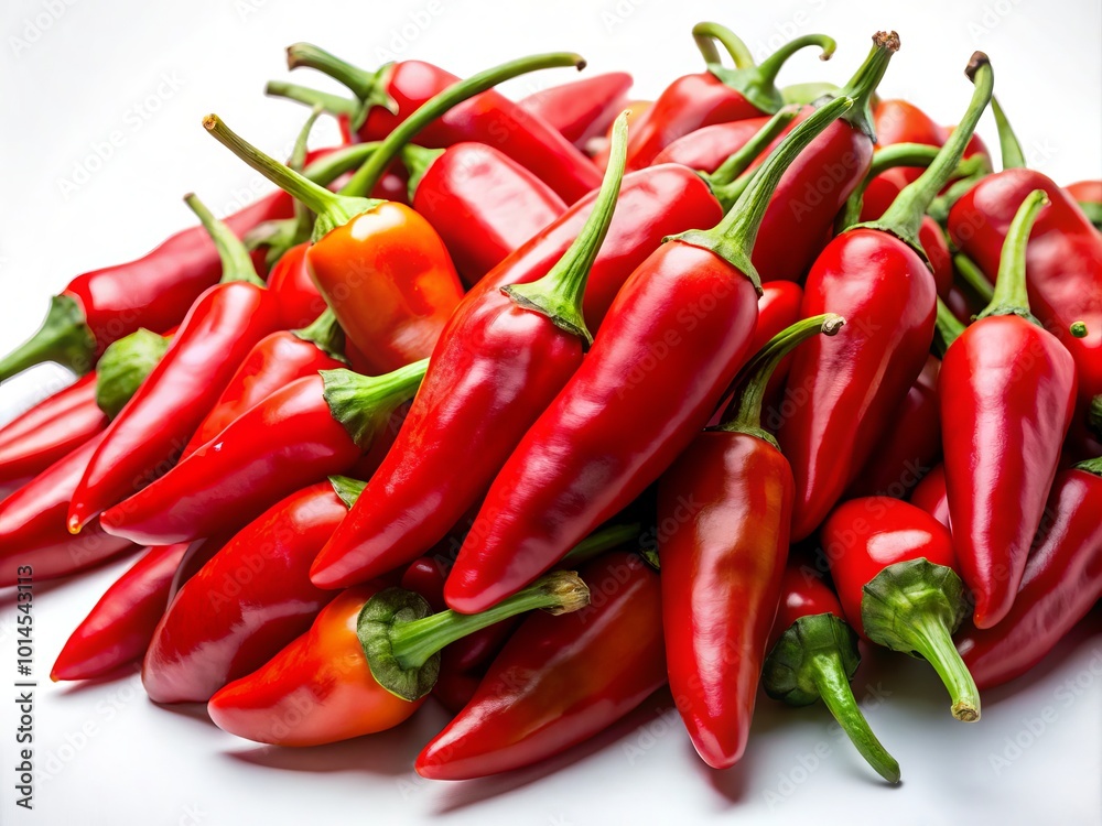 Colorful Chile de Arbol peppers displayed against a clean white background, captured in gentle lighting, ideal for Colorful Chile de Arbol peppers displayed against a clean white background, captured in gentle lighting, ideal for