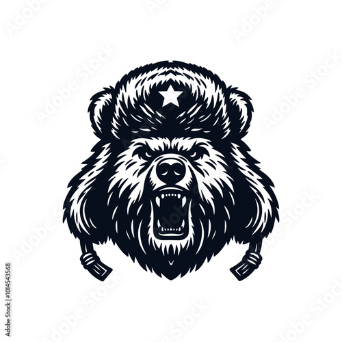 Angry serious Russian bear wearing a traditional ushanka hat, isolated vector illustration
