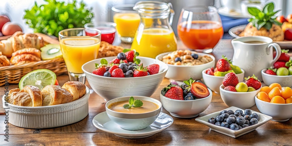 A breakfast table overflowing with vibrant colors, featuring a medley of sweet pastries, fresh fruits, and creamy beverages, inviting a delightful start to the day. A breakfast table overflowing with vibrant colors, featuring a medley of sweet pastries, fresh fruits, and creamy beverages, inviting a delightful start to the day.