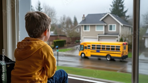 A young boy gazes at a yellow school bus through a window on a rainy day, evoking feelings of anticipation, nostalgia, and childhood.