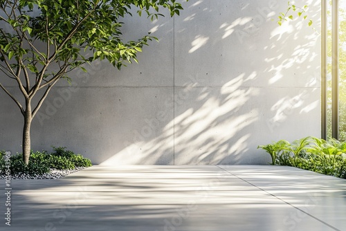 Modern home interior design with zen garden. Luxury home with empty concrete wall with sunlight, green tree and outdoor plants. 