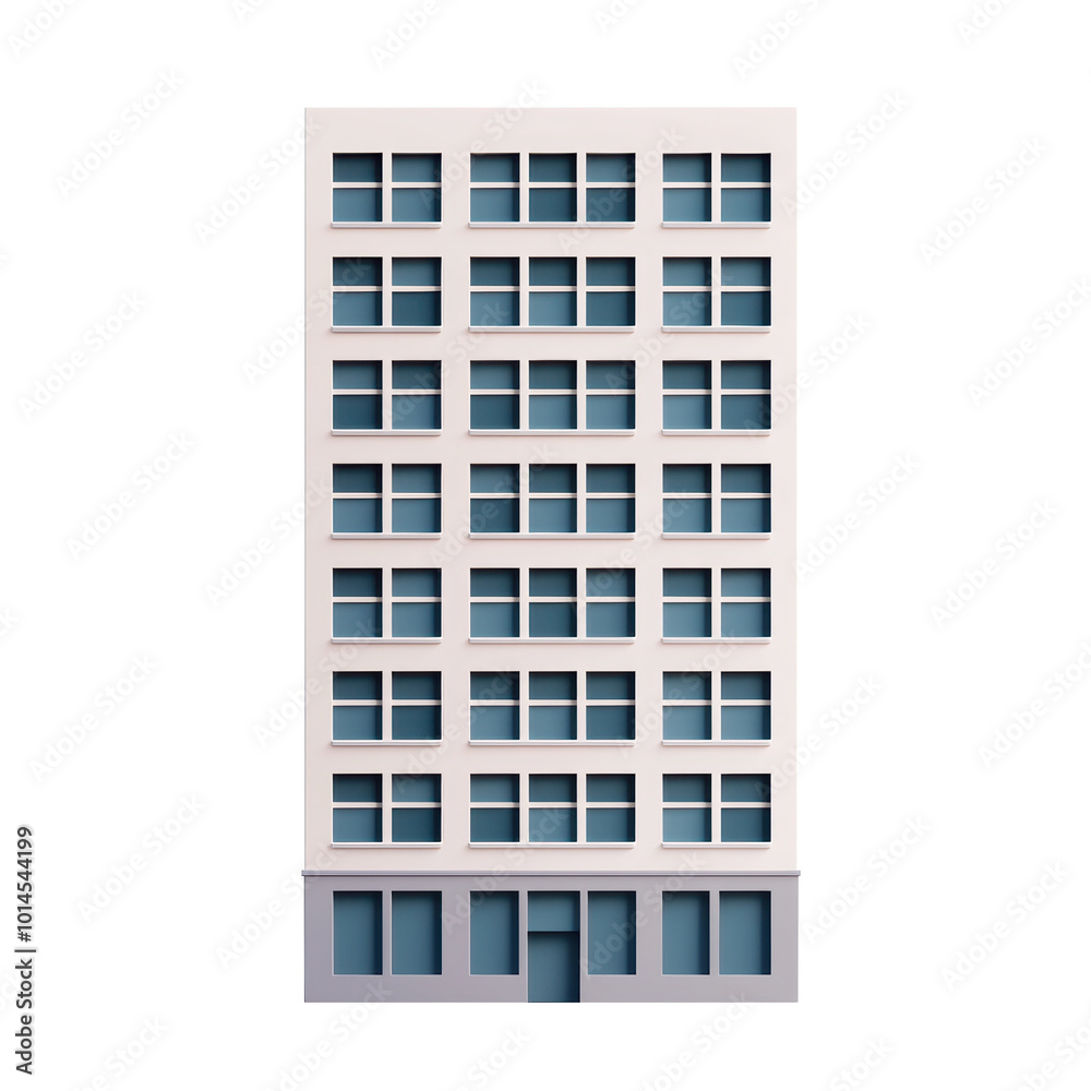 3D illustration of symmetrical office building with multiple windows. Simple, clean design, emphasizes balance and urban architecture in contemporary setting. Isolated on transparent background, png. 3D illustration of symmetrical office building with multiple windows. Simple, clean design, emphasizes balance and urban architecture in contemporary setting. Isolated on transparent background, png.