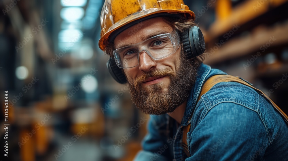 Worker on a blurred background. Young bearded man in a yellow helmet, working safety glasses, noise isolating headphones. Close-up portrait of a laborer.